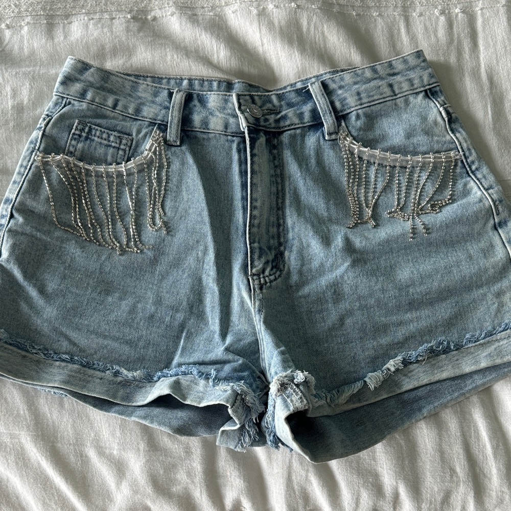 SHEIN Light Blue Jean Shorts with Beaded Fringe